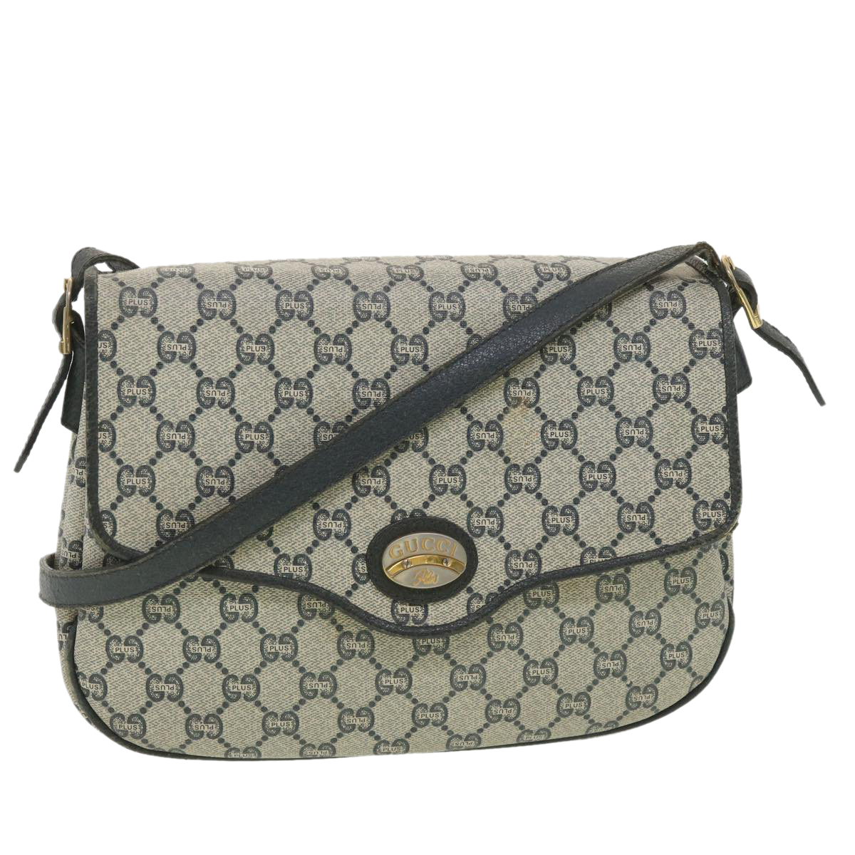 Gucci Gg Plus Canvas Shoulder Bag Pvc Leather Gray Navy Auth Th3486